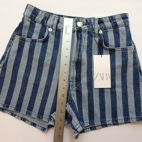 Zara Women's Striped Denim Jean Shorts High Rise Hi-Waist Blue Modern Chic NWT 6 - Picture 9 of 14